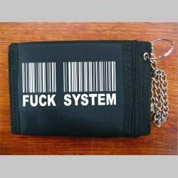 Fuck System čierna pevná textilná peňaženka s retiazkou a karabínkou, tlačené logo
